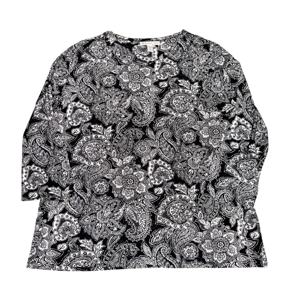 JM Collection Woman Blouse Womens Size 1X Black White Floral Textured 3/4 Sleeve